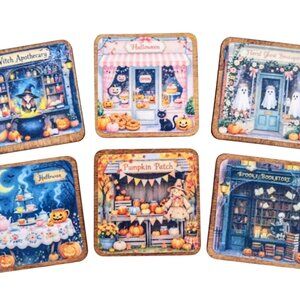Set Of 6 Halloween Shops Miniature 2 Inch Square Store Fronts Wood Signs Set B